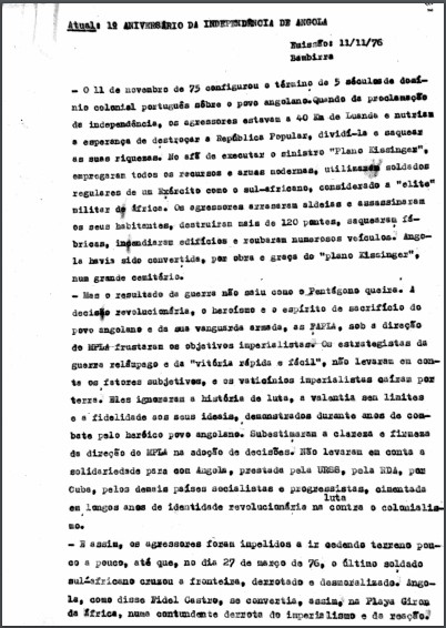 Atual: 1º Aniversário da Independência de Angola, 1976. Bambirra. Fundo Luís Carlos Prestes.  Pasta 230 Angola.
