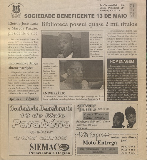 3. Primeira página do número 2 do Sociedade Beneficente 13 de Maio, de maio de 2006.