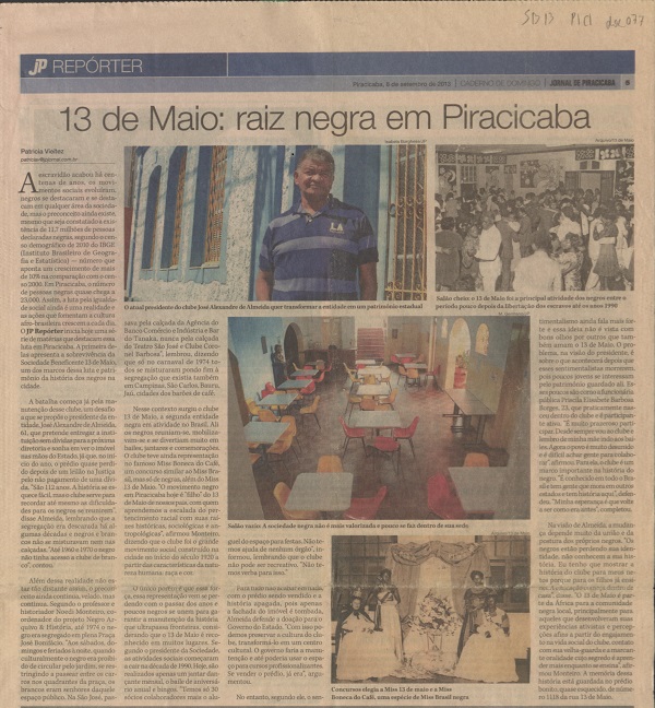 2. Artigo do Jornal de Piracicaba, de 08/09/2013, sobre as dificuldades para manter a Sociedade 