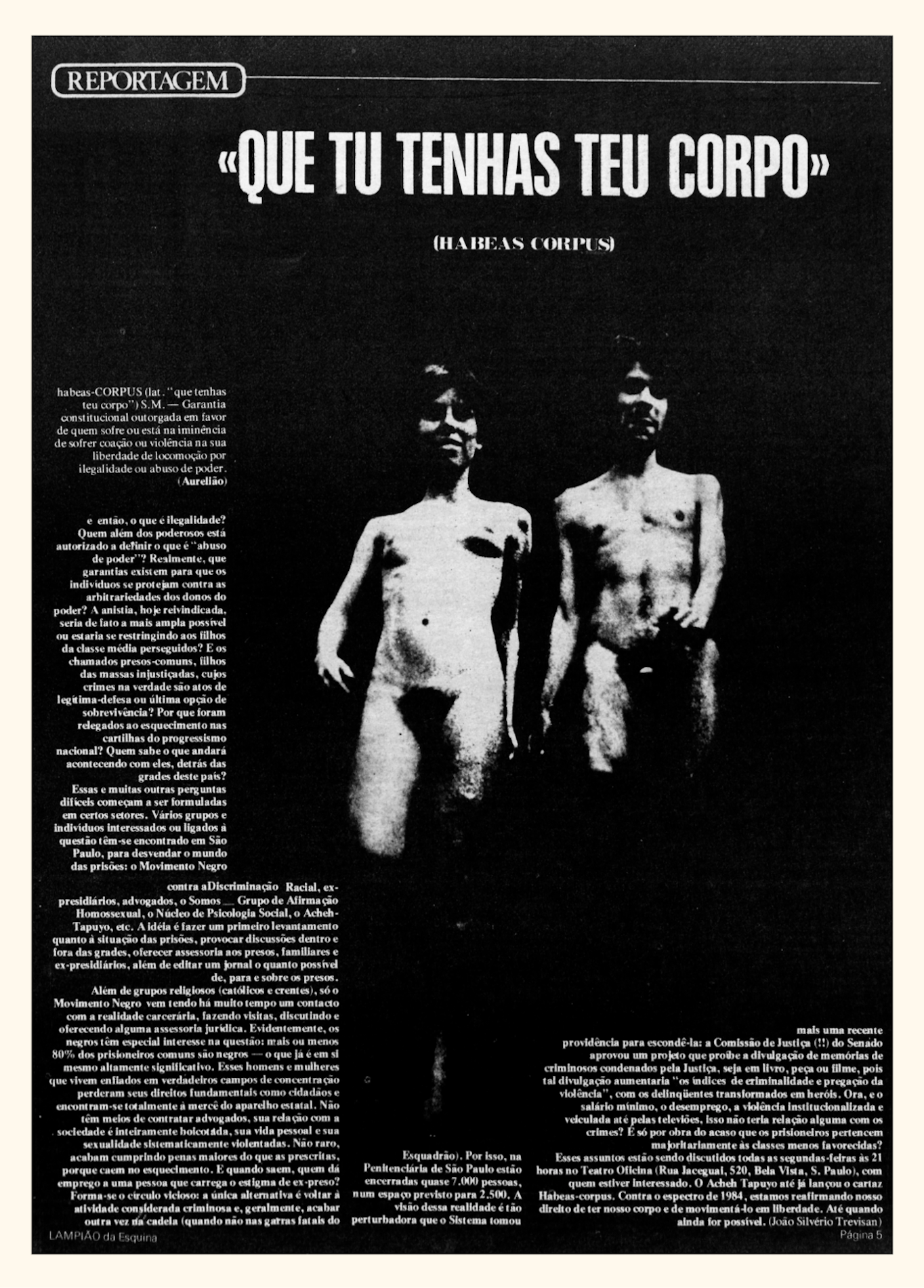 Reportagem "Que Tu Tenhas Teu Corpo" do jornal Lampião da Esquina (1979)